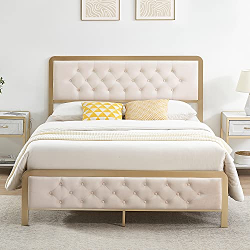 Alkmaar Golden Queen Size Bed Frame,Upholstered Bed Frame With Button Tufted Headboard,Heavy Duty Metal Easy Assembly,No Box Spring Needed (Beige, Queen) #TOP1