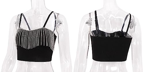 Giovacker Women's Sexy V-Neck Crop Tops Shiny Tassel Rhinestones Tank Cami Top Vest Adjustable Strap Black, Small #TOP3