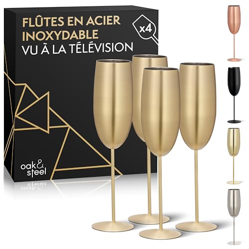 Oak & Steel - 4 Flûtes À Champagne En Acier Inoxydable Avec Boîte Cadeau, Or Mat - 284 Ml