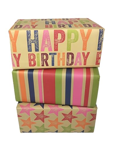 WRAPT Eco Birthday Wrapping Paper Large Quality Thick 50x70cm Present Sheets - UK Made - Recyclable Bright Scandi Gift Wrap (Scandi Birthday 6 sheets)