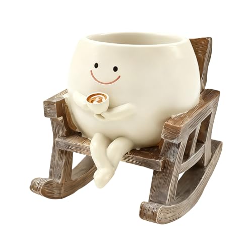 Resin Flower Pot with Figure on Rocking Chair Holding Coffee, Smiley Planter Seated on Rocking Chair, Resin Rocking Chair - Style Smiley Face Plant Pot for Plant Lovers (Sitting in a rocking chair)