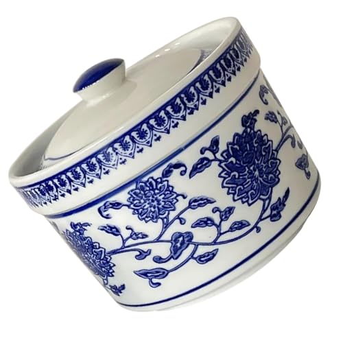 JECOMPRIS Pot à Condiments en Céramique Bleu Blanc Style Porcelaine Céladon Pot de Rangement Rond Résistant Haute Température Cuisine Maison Boîte D’Assaisonnement Décorative