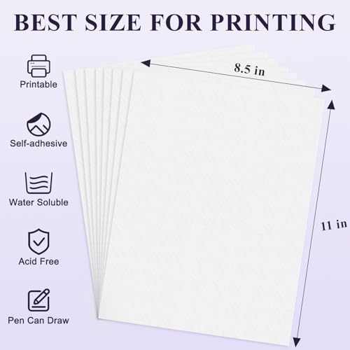 Stick and Stitch Embroidery Paper Wash Away 8.5”x11”, 8 Pcs Soluble Embroidery Stabilizer Printable Paper, Away Stabilizer for Hand & Machine Embroidery, Ideal for Printing & Drawing Patterns.