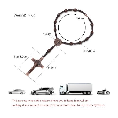 KOMI 2 PCS Wood Rosary Beads for Car Rearview Mirror, Handmade Wooden Rosary with St Benedict Medal and Crucifix Cross Car Rosaries Catholic Gifts2