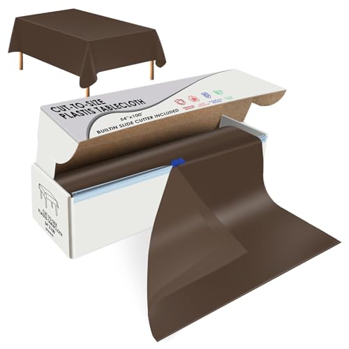 Image of tujol Brown Disposable Plastic Table Cloth Roll 54 inch X 100', Plastic Table Cover with Cutter Box, Cut to Size Disposable Tablecloth for Parties