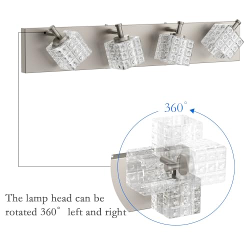 Image of Ralbay Crystal Bathroom Vanity Light Brushed Nickel 4 Light Modern Bathroom Wall Lighting Fixtures Over Mirror