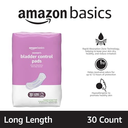 Image of Amazon Basics Incontinence Pads for Women, Long, Postpartum, Bladder Control, Ultimate Absorbency, Fresh Protection, Unscented, 30 Count (Pack of 2)