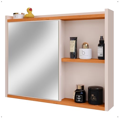 Espelheira Parede Organizadora Armário Prateleira Multiuso Porta Itens Higiene Espelho Luxo Banheiro (Off White/Cinamomo)