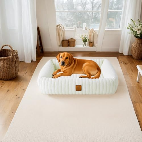 CareCooo Flauschiges Hundebett Große Hunde, Waschbar Abnehmbar, Rechteckig, rutschfest & Komfortabel, Hundekörbchen, Hundekissen, Hundesofa für Große Rassen, weiß, L(92x69x20cm)
