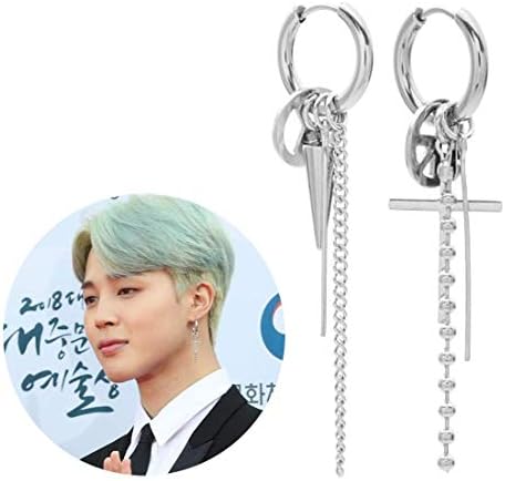 YFresh BTS Bangtan Boys V Jimin Suga The Same Style Vintage Silver Studing Earrings with 1 3D Sticker 2 BTS Lemo Cardfor A.R.M.Y (Style-12)