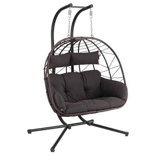 HinHocker Hängesessel für 2 Personen mit Gestell | Braun | XXL Hängeschaukel für Indoor und Outdoor | Inkl. Kissen und Auflagepolster | Hängesessel Outdoor, Gartenschaukel, Schaukelstuhl