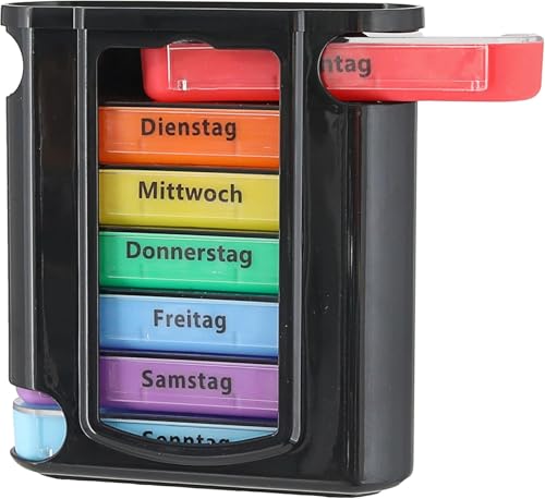 Tablettenbox 7 Tage – 4 Fächer täglich – Pillendose für unterwegs – Medikamentenbox für morgens, mittags, abends, nachts (1, schwarz/bunt)