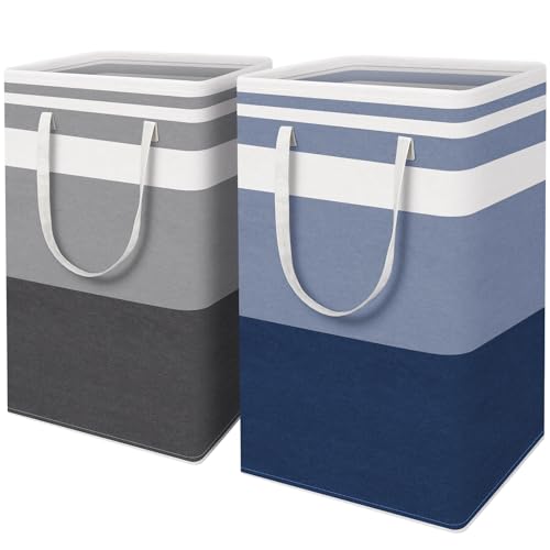 HomeHacks 2 Pack Large Laundry Baskets, Waterproof, Freestanding Laundry Hampers, Collapsible Clothes Hamper with Reinforced Handles in Laundry, College Dorm, Bathroom, Bedroom (Grey+Blue, 88Lx2)