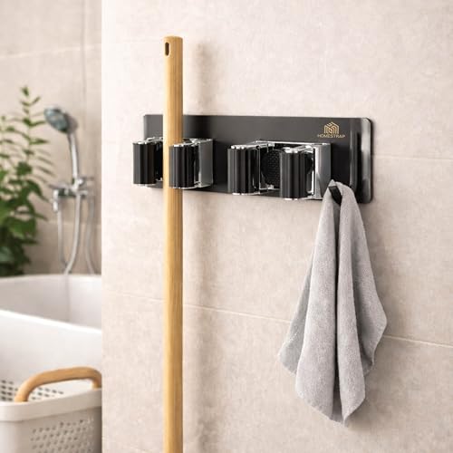 Image of HomeStrap Dual Stick-On Mop & Broom Holder with Rubber Grip | Stainless Steel Wall Holder with Hook for Mops, Brooms, Wiper & Towels | No Drilling Waterproof Self-Adhesive Hook for Daily Use|Set of 1