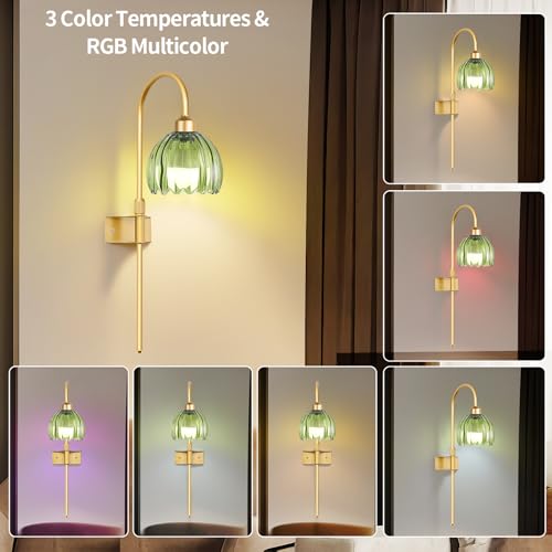 Image of ZECOXOL Vintage Battery Operated Wall Sconces Set of 2, Gold Rechargeable Wireless Wall Lamp Lights with Glass Lampshade & Remote,Dimmable 12 Colors Flower Wall Sconce for Bedroom Living Room Hallway