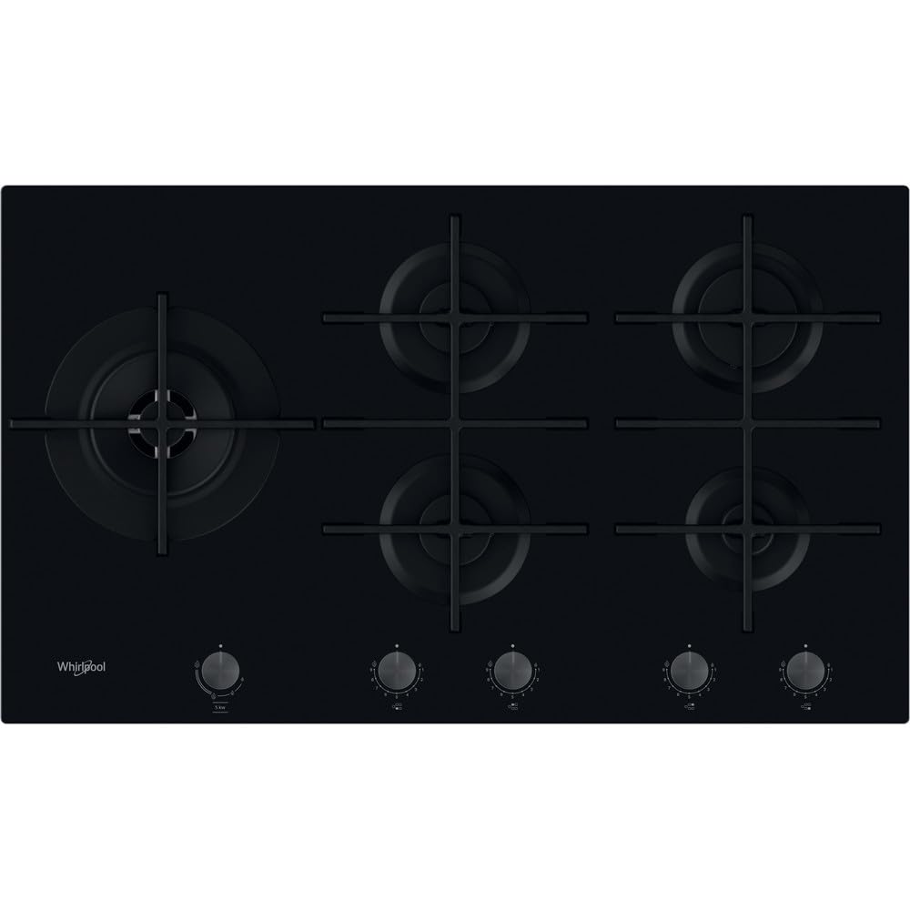 Whirlpool Gas Hob 90cm 5 Burner Gas Hob in Black Glass 5kW Wok Burner