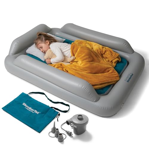 SlumberPod SlumberTot Inflatable Toddler Travel Bed – Portable Kids Air Mattress with Safety Bumpers – Perfectly Sized Ideal for Travel or Home Use – Includes Electric Pump