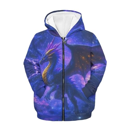 Watdotory Lightning Galaxy Dragon Teens Casual Zip Up Hoodie Long Sleeve Soft with Pockets Comfy Trendy Top for Daily Use Size 12-14