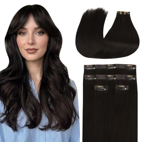 Image of Full Shine Clip in Hair Extensions, Natural Black, Part Line Coverage | Invisible PU Weft, 20 Inch 95g 4 Pcs, Added Length with Volume for Fine Hair
