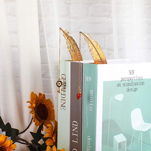 8 Pieces Metal Feather Pendant Bookmarks 3D Gold Vintage Bookmark Shell Tower Strawberry Snowflake Pendant Bookmarks Presents For Teens Adults Friends Readers Students #TOP5