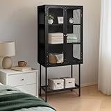 BOKKOLIK Industrial Metal Storage Display Cabinet with Mesh Doors, Black Steel Frame, 59-Inch Tall Standing Shelving Unit with Bottom Rack, 37.4x24.8x59 Inches