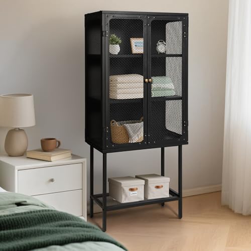 BOKKOLIK Industrial Metal Storage Display Cabinet with Mesh Doors, Black Steel Frame, 59-Inch Tall Standing Shelving Unit with Bottom Rack, 37.4x24.8x59 Inches