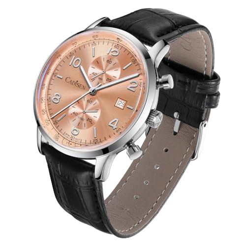 CADISEN Homage Men's Quartz Watches Japan Movement Leather Band Waterproof Sport Chronograph Watch (7065 Rose Gold)