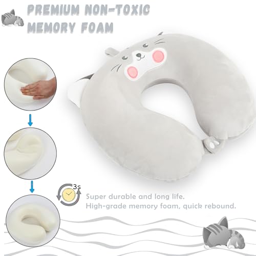 Image of Travel Pillow, Kids Travel Pillow with Sleep Eye Mask Soft Memory Foam Kids Neck Pillow for Boys & Girls, Travel Accessories for Car Airplane Traveling - Grey Cat
