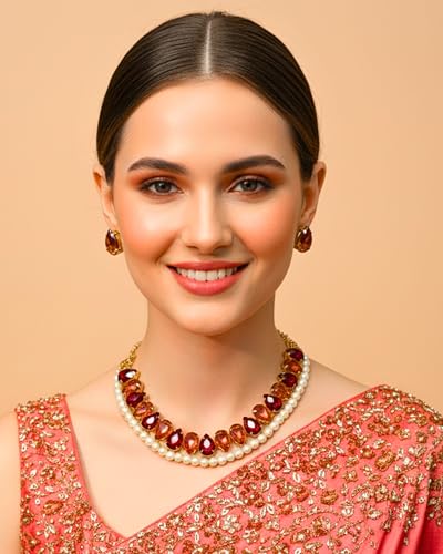 Image of Mansiyaorange Statement AD CZ American Diamond Cubic Zerconia Pearl Necklace Set | Gold Plated Chunky Fashion Jewelry for Women & Girls