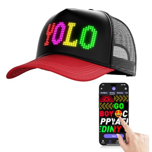 GOTUS LED Hats LED Display Screen Smart Caps Bluetooth APP Control Custom Text Patterns Animations for Party Red