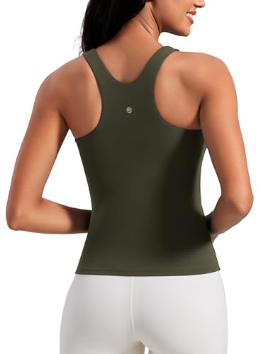 CRZ YOGA Women's Butterluxe Racerback Padded Tank Tops - Longline High Neck Tank Top with Built in Bra Gym Workout Camisole Olive Green 12