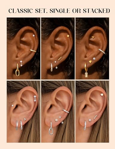 BESTEEL 12 Pairs Hypoallergenic Flat Back Earrings for Women - 14K Gold Stainless Surgical Steel Cartilage Earring Stacks Set Small Tragus Conch Daith Helix Piercing Jewelry Dangle Stud Hoops Silver4