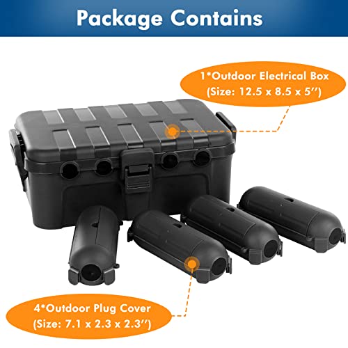 Restmo Ip54 Extra Large Outdoor Box W/ 6 Cable Seal Entry, Bundle W/ 4 Small Weatherproof Extension Cord Safety Cover, Protect Power Strip, Timer Outlet Plug, Christmas Decoration, Black. #TOP2