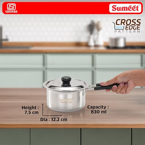 Image of Sumeet ISI Certified HeavyPly Premium Stainless Steel Small Size Cross Edge Induction & Gas Stove Friendly Saucepan /Milk Pan /Tea Maker with Lid - 830ml