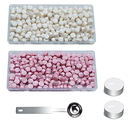Perles de cire à cacheter, 200 PCS perles blanches+200 PCS perles de cire à cacheter rose nacre avec 1PCS cuillère à fondre et 2 bougies, kit de cachetage de cire pour les invitations de fête Cover