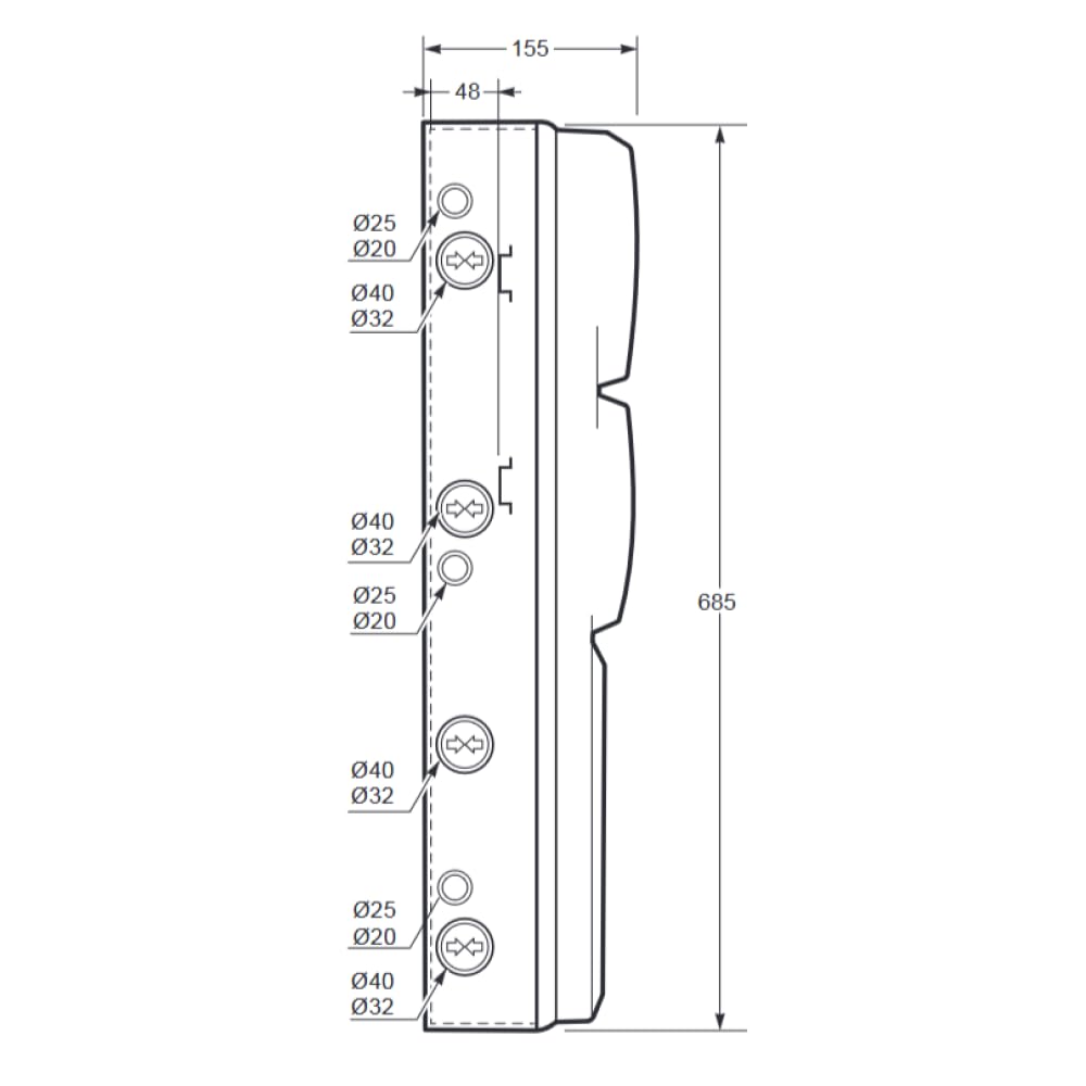 Quadro vuoto, 685x330x150mm, 32 moduli, 4 prese interbloccate, compatibile con prese serie 14 - Rosi 18.3013
