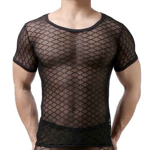 Crongless Herren Sexy Transparent T Shirt Net Kurzarm Shirts Netzshirt Glatt Gaze Slim Fit Tops Reizwäsche Schwarz (Asien L=Europa M)