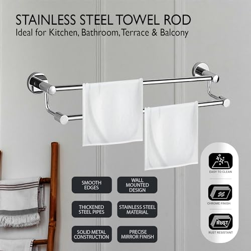 Image of Zureni Towel Rod for Bathroom Wall Mount 304 Grade Stainless Steel Double Rail Hanger Multipurpose Stand Bathroom Accessories Home Kitchen Washroom (Pack of 1, Silver, 1029)
