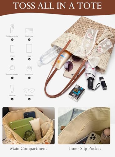 Bolso Tote de Playa de Paja para Mujer, Grande con Cierre miniatura 5