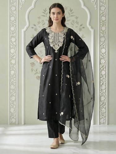Image of INDO ERA Women's Cotton Blend Solid Straight Kurta with Pant & Dupatta Set