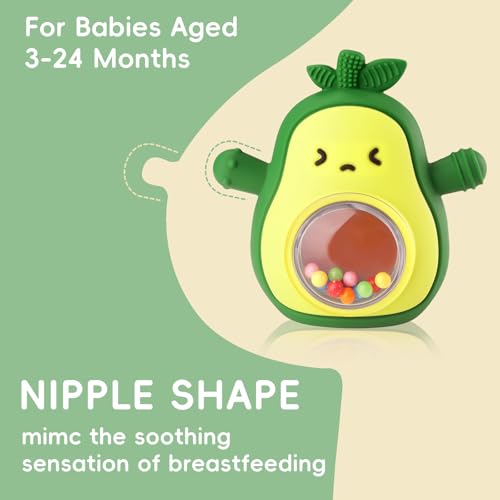 Image of Baby Teether & Rattle Toys Avocado Teething Mitten for Sucking Needs -Anti Dropping Wrist Hand, Silicone Teethers Baby Chew Toys for Babies Over 3 Months, BPA Free