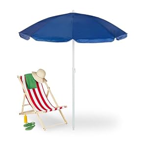 Relaxdays Sonnenschirm, Ø 160 cm, knickbar, höhenverstellbar, UV-Schutz, Strandschirm mit Tasche, Strand & Balkon, blau