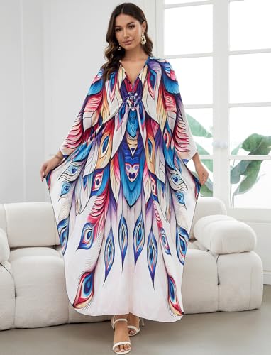 Image of KECVOT Kaftan Dresses for Women Plus Size Batwing Sleeve Caftans Long Bathing Suit Cover Up Maxi Beach Dress Loungewear