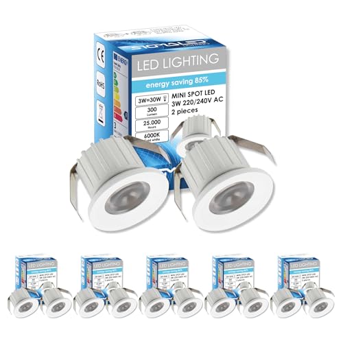 Sigmaled lighting, MINI FARETTO LED 3W, Dimmerabile, 300lumen, Luce fredda 6000K, Spot Tondo incasso in alluminio, 220V / 240V AC Driver NON NECESSARIO, 10 Spots