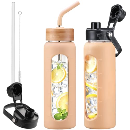 Image of 24oz Glass Water Bottle with Straw and 2 Lids, Amber