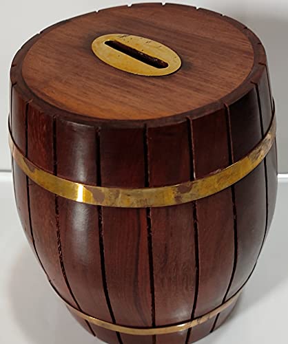 Wooden Money Bank (Coin Box) Antique Barrel Design with Brass Rings Design Indian Product from Sawantwadi