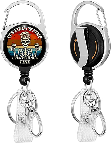 It's Fine I'm Fine Everything's Fine Funny Badge Reel Holder Retractable Heavy Duty with 360° Swivel Carabiner Belt Clip, Nurse Nursing Teacher Retractable Keychain ID Clip ID Holder Name Badge Clip