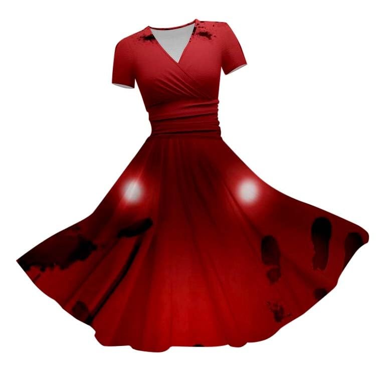 HUIFUAO Halloween Dresses for Women Scary Bloody Fancy Dress Plus Size Halloween Costumes V Neck Short Sleeve Party Evening Horror Festival Cosplay Outfits Clothes (Z05 Red #2, XL)