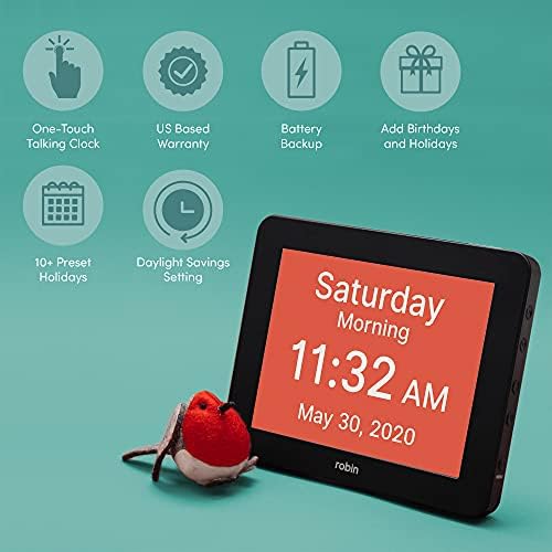 Robin, 2022 Version, Digital Day Clock 2.0 with Custom Alarms and Calendar Reminders, Alarm Clock with Extra Large Display Helps with Memory Loss, Alzheimer's and Dementia, White