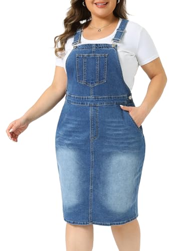 Image of Agnes Orinda Plus Size Denim Overall Dress for Women Vintage Adjustable Strap Pinafore Bib Jean Dresses with Side Pockets